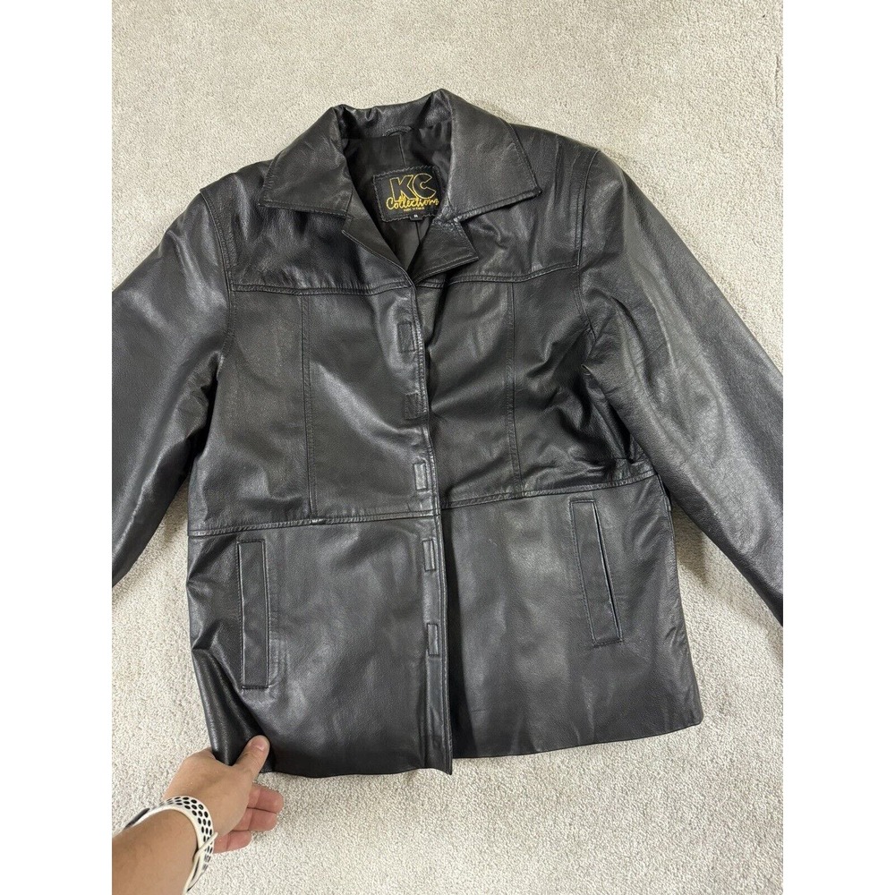 KC Collections Leather Jacket Womens M Black Collar Pockets Hook & Loop Closure‎
